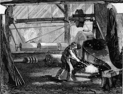 राइफल तोपों का निर्माण: लोहे की पट्टियां लाल खाली होती हैं। 12 दिसंबर 1857 के "" ले मोंडे इलस्ट्रेटे "" एन ° 35 में उत्कीर्णन। द्वारा फ्रेंच स्कूल
