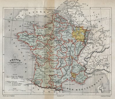 1715 में लुई XIV की मृत्यु पर फ्रांस का नक्शा - 1715 में प्लान डे ला फ्रांस ए ला मोर्ट डे लुई XIV - विक्टर ड्यूरु द्वारा "" हिस्टोइरे डी फ्रांस" में उत्कीर्णन (1811-1894) - 1882 द्वारा फ्रेंच स्कूल