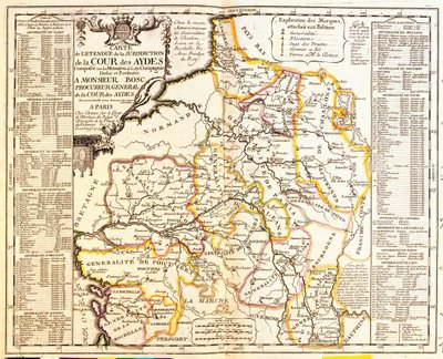 टैक्स, 1709 के तहत फ्रेंच प्रदेशों का मानचित्र, जीन-बैप्टिस्ट नोलिन द्वारा ले थिएटर डु मोंडे से, 1717 (हाथ से उकेरा हुआ) प्रकाशित द्वारा फ्रेंच स्कूल
