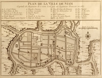 1687 में एक फ्रांसीसी इंजीनियर द्वारा किए गए एक सर्वेक्षण के बाद उस नाम के राज्य की राजधानी सियाम शहर का मानचित्र, एंटोनी प्रीवोस्ट द्वारा हिस्टोयर जेनरेल डेस वेजेज के 1751 संस्करण में प्रकाशित किया गया था। द्वारा फ्रेंच स्कूल