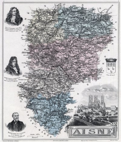 ऐसने विभाग का नक्शा (उत्कीर्णन 1889) द्वारा फ्रेंच स्कूल