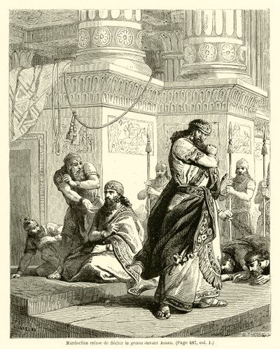 मर्दोची ने अमन के सामने घुटना मोड़ने से मना कर दिया (उत्कीर्णन) द्वारा फ्रेंच स्कूल
