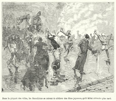 एक मध्ययुगीन फ्रांसीसी शहर (उत्कीर्णन) की सड़कों पर एक त्योहार मनाते हुए, कानून क्लर्कों के एक गिल्ड, बसोचे के सदस्य द्वारा फ्रेंच स्कूल