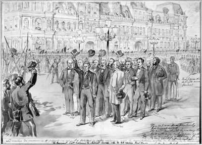 31 अक्टूबर 1870 को c.1470 पेरिस में होटल डे विले के बाहर राष्ट्रीय गार्ड की समीक्षा करने वाली अनंतिम सरकार के सदस्य द्वारा फ्रेंच स्कूल