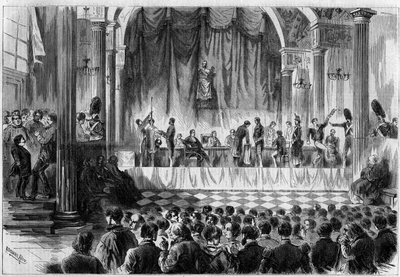 सैन्य भर्ती: पेरिस में होटल डी विले के सेंट जीन रूम में 1858 के सिपाहियों के लिए बहुत सारे ड्रा। १३ फरवरी १८५८ के n°४४ में "" ले मोंडे इलस्ट्रेटे"" में उत्कीर्णन। द्वारा फ्रेंच स्कूल