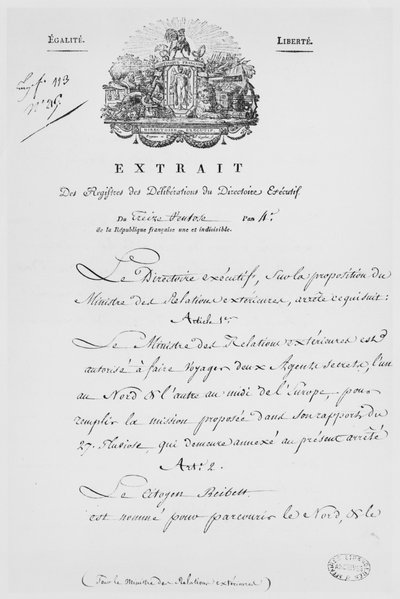 विदेश मंत्रालय, दो गुप्त एजेंटों का नामांकन, 1796 (कागज पर स्याही) द्वारा फ्रेंच स्कूल