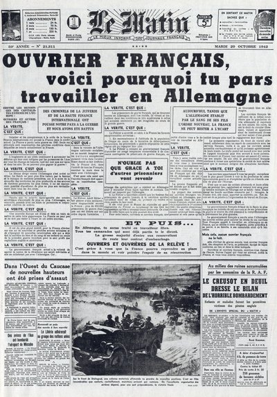 20 अक्टूबर 1942 का मॉर्निंग जर्नल नंबर 21311: द स्टो - अनिवार्य श्रम सेवा - जर्मनी में काम पर क्यों जाएं - द्वारा फ्रेंच स्कूल