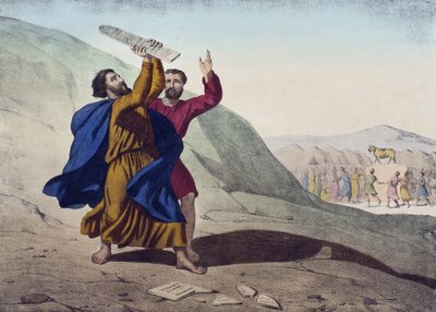 मूसा ने कानून के गोलों को तोड़ना और स्वर्ण बछड़े का पालन-पोषण, एक catechism LHistoire Sainte से दृष्टांत, चार्ल्स डेलग्रेव, पेरिस, 19 वीं सदी के अंत में प्रकाशित किया। द्वारा फ्रेंच स्कूल