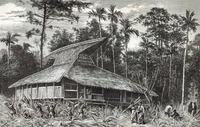 डोजिंगा, न्यू गिनी में मस्जिद, द वर्ल्ड टूर पत्रिका, 1879 से चित्रण द्वारा फ्रेंच स्कूल