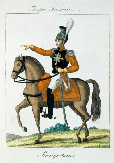 फ्रेंच ट्रूप्स, पब से घुड़सवार मस्कटियर। बैसेट, पेरिस में, c.1790 द्वारा फ्रेंच स्कूल
