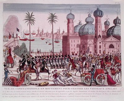 21 मार्च 1807 को कांस्टेंटिनोपल से अंग्रेजी जहाजों को बलपूर्वक हटाने के लिए सैनिकों का आंदोलन (रंगीन उत्कीर्णन) द्वारा फ्रेंच स्कूल