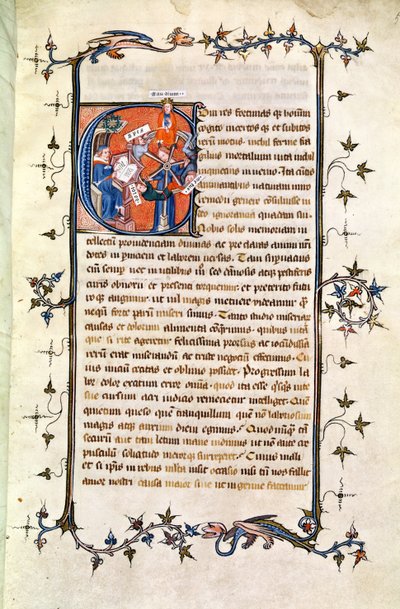 Ms.239 fol.1 पेट्रार्क द्वारा &39;डी रेमेडिस यूट्रिस्क फॉर्च्यूने&39; से फॉर्च्यून व्हील के सामने एक बैठा आदमी को चित्रित करते हुए एक ऐतिहासिक शुरुआत वाला पृष्ठ (1304-74) द्वारा फ्रेंच स्कूल