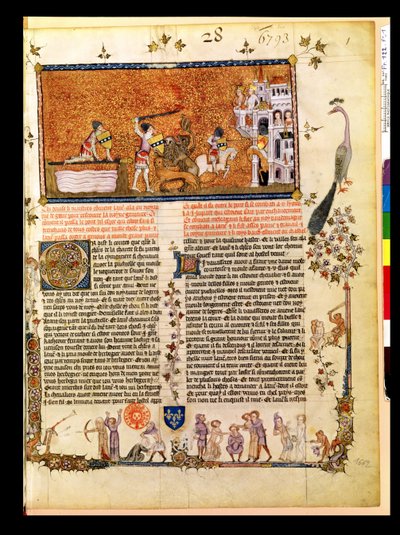 Ms.Fr 122 f.1 सर लैंसलॉट ने रोमन डी लैंसलेट डू लाक से तलवार ब्रिज को पार किया, 1344 द्वारा फ्रेंच स्कूल