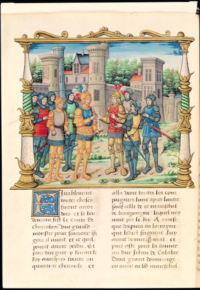 सुश्री 18 f.32v लुईस इलेवन और चार्ल्स के बीच की संधि की वार्ता द्वारा फ्रेंच स्कूल