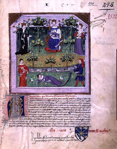 Ms 3522 fol.1 लेखक ने सोते हुए होने का नाटक करते हुए चार्ल्स वी (1338-80) (वेल्लम) के आदेश के तहत 1376 में रचित 'सोमनियम विरिदारी' (ले सोंगे डू वेर्जियर) से एक शूरवीर और बिशप के बीच बहस का गवाह है। ) द्वारा फ्रेंच स्कूल