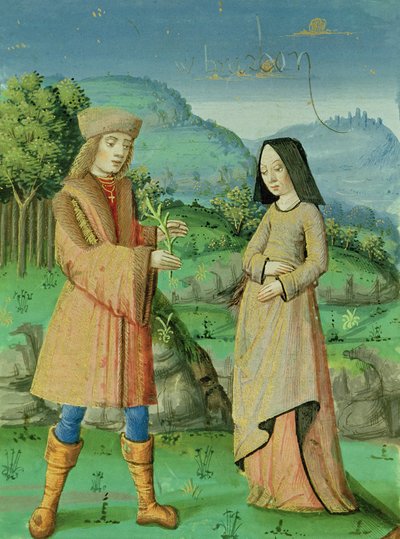 सुश्री 493 fol.123v एनेस और एनी की बैठक, डिडो की बहन, एनेसिड से सर्वियस की टिप्पणी के साथ, 1469 द्वारा फ्रेंच स्कूल