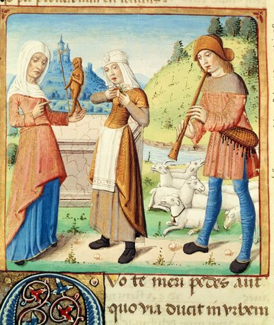 सुश्री 493 fol.15v चरवाहा मेनलाकस और उनके बिना प्यार के, द एक्लॉग्स फ्रॉम द विर्गिल द्वारा कमेंटरी विद सर्वियस द्वारा फ्रेंच स्कूल