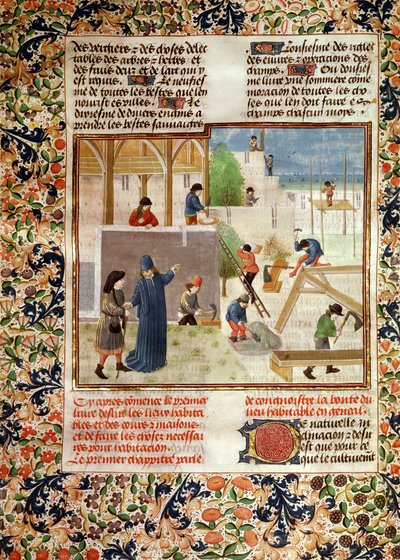 सुश्री 5064 fol.2v एक घर का निर्माण, लिवर डे प्राउफ़िट्ज़ चम्पेस्ट्रेस से पिएत्रो डी क्रैसेन्ज़ी (1230-132021) द्वारा फ्रेंच स्कूल