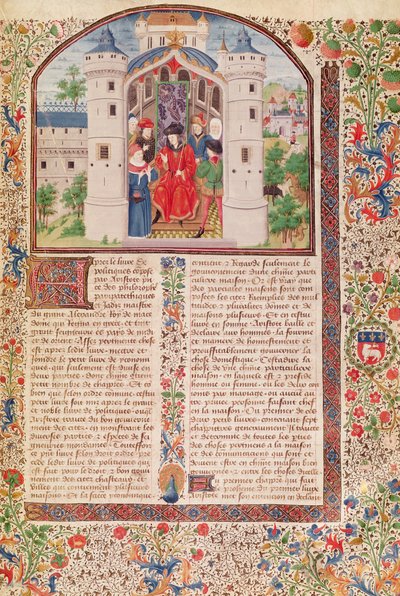 सुश्री 927 Fol.426 अरस्तू (384-322 ई.पू.) द्वारा नैतिकता, राजनीति और अर्थशास्त्र से अर्थशास्त्र की प्रस्तुति, (विस्तार से देखें 165171 के लिए) द्वारा फ्रेंच स्कूल