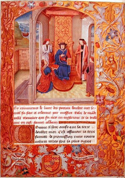 Ms 95 Fol.1 लेखक अपनी पुस्तक ड्यूक ऑफ बरगंडी को अडोल्फ़े डी क्लेव्स के आर्मोरियल्स से, 15वीं सदी की शुरुआत में (वेल्लम) भेंट करते हुए द्वारा फ्रेंच स्कूल