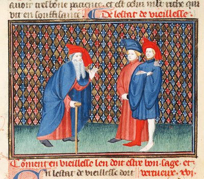 Ms Fr 1023 fol.57v बुजुर्गों को अच्छे, बुद्धिमान और गुणी कैसे होने चाहिए, बुक ऑफ गुड मोरल्स से, जैक्स ले ग्रांट (1360-1415) द्वारा द्वारा फ्रेंच स्कूल