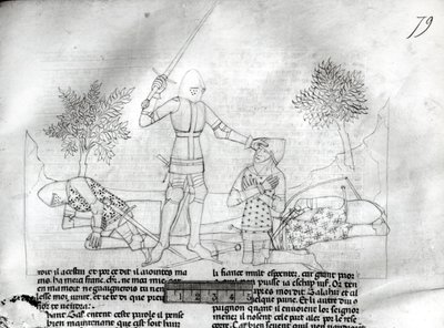 Ms Fr 343 f.79 लैंसलेट डू लाक से युद्ध के मैदान में एक शूरवीर द्वारा फ्रेंच स्कूल