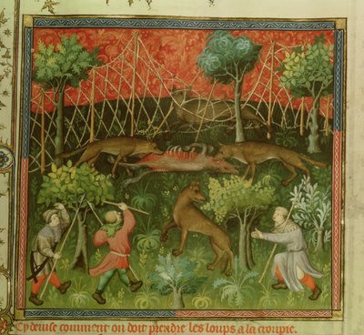 सुश्री फ्र 616 फॉ .1111 वुल्फ ने नेट की सहायता से गैस्ट्रॉन फेबस डी फिक्स (1331-91) द्वारा लिवर डे ला चेज़ से शिकार किया। द्वारा फ्रेंच स्कूल