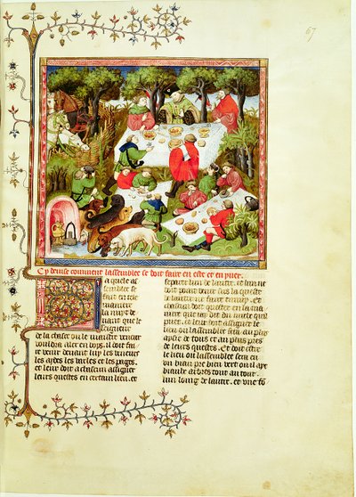 सुश्री फ्र 616 fol.67 शिकारी शिकार करने से पहले दावत दे रहे हैं, लिवर डे ला चेज़ से गैस्टन फेबस डी फिक्स (1331-1391) द्वारा द्वारा फ्रेंच स्कूल