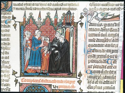 Ms Lat 3893 Fol.98 माता-पिता अपने बेटे को एब्बी, 1314 में लेने के लिए एक बिशप पैसे की पेशकश करते हैं द्वारा फ्रेंच स्कूल