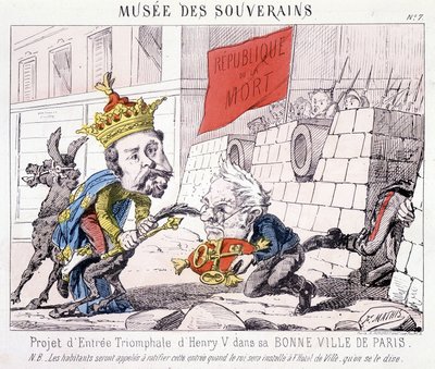 Musée des Souverains - हेनरी वी के अपने अच्छे शहर पेरिस में विजयी प्रवेश के लिए परियोजना (थियर्स ने उन्हें "रिपब्लिक ओ ला मोर्ट" लिखे ध्वज को चलाने वाले नागरिकों द्वारा बचाव की गई पेरिस की चाबियां सौंपी)। द्वारा फ्रेंच स्कूल