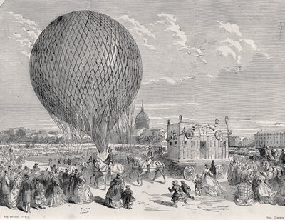 4 अक्टूबर, 1863 को अपनी पहली उड़ान के लिए नादर्स बैलून, द जाइंट को पेरिस डी मार्स, पेरिस में तैयार किया गया, पेरिस से ट्रैवर्स लेस साइकल्स का चित्रण: खंड 5, 1889 द्वारा फ्रेंच स्कूल