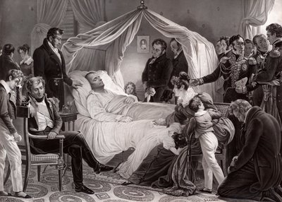 चार्ल्स डे स्टुबेन की एक पेंटिंग के बाद 5 मई, 1821 को सेंट हेलेना में नेपोलियन I अपनी मृत्यु शैय्या पर द्वारा फ्रेंच स्कूल