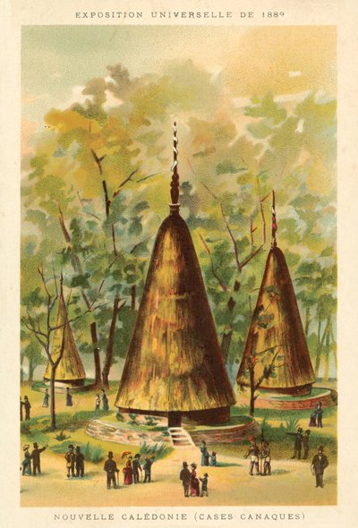 न्यू कैलेडोनिया (कनक हट्स), एक्सपोज़िशन यूनिवर्सेल 1889, पेरिस (क्रोमोलिथो) द्वारा फ्रेंच स्कूल