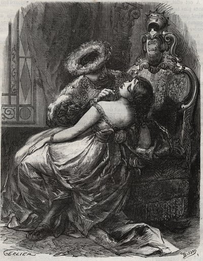 अच्छी गर्दन! कि एक जल्लाद उसे काटकर खुश होगा! इंग्लैंड के राजा हेनरी VIII (1491-1547) अपनी पत्नी कैथरीन पार (1512-1548) के साथ। हेनरी डी कॉक (1819-1892) द्वारा "हिस्टोइरे डेस कोकस सेलेब्स" में 1871 से उत्कीर्ण द्वारा फ्रेंच स्कूल