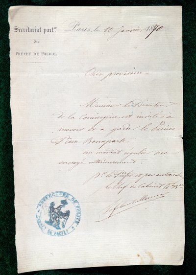 10 जनवरी को प्रिंस पियरे बोनापार्ट (1815-1881) के द्वारपाल को कैद करने का आदेश द्वारा फ्रेंच स्कूल