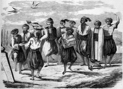 रूढ़िवादी दावत: ग्रीक ईस्टर कॉन्स्टेंटिनोपल में मृतकों के ग्रैंड फील्ड में नृत्य करता है। 10 अप्रैल 1858 के "" ले मोंडे इलस्ट्रे"" एन °52 में उत्कीर्णन। द्वारा फ्रेंच स्कूल