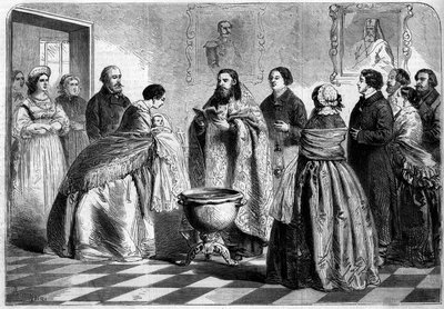 रूढ़िवादी संस्कार - बपतिस्मा: बपतिस्मा समारोह, ग्रीक संस्कार के अनुसार, 1858 में ऊपरी रूसी समाज में। बपतिस्मा में विसर्जित होने से पहले बच्चा अपनी गॉडमदर द्वारा पोप को उपस्थित होता है। ३० अक्टूबर . के n°८१ में "" ले मोंडे इलस्ट्र्रे" में उत् द्वारा फ्रेंच स्कूल