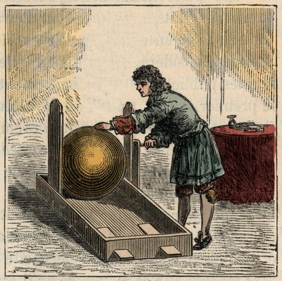 ओटो वॉन गुएरिके (1602-1686), जर्मन भौतिक विज्ञानी, पहले स्थैतिक बिजली जनरेटर का संचालन करते हुए - स्थैतिक मशीनें: ओटो वॉन गुएरिके (ओटो डी गुएरिके) द्वारा फ्रेंच स्कूल