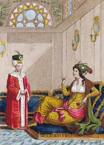 ओटोमन क्राउन प्रिंस अपनी पसंदीदा सुल्ताना के साथ, c.1813 (रंग उत्कीर्णन) द्वारा फ्रेंच स्कूल