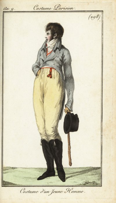 एक जवान आदमी की पोशाक या Incroyable, मई 1801 (हाथ के रंग का ताम्रपत्र उत्कीर्णन) द्वारा फ्रेंच स्कूल