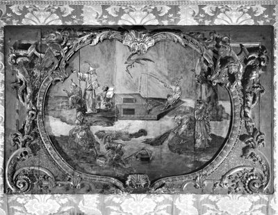 चीनी विषय के साथ ओवर डोर पैनल, c.1730 (पॉलीक्रोम और सोने की लकड़ी) द्वारा फ्रेंच स्कूल
