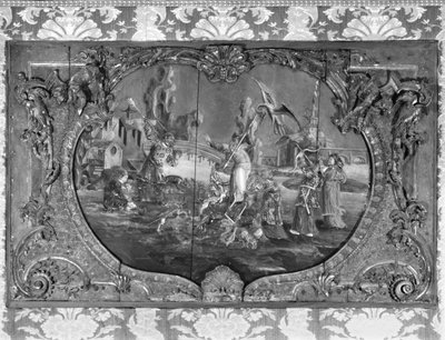 चीनी विषय के साथ ओवर डोर पैनल, c.1730 (पॉलीक्रोम और सोने की लकड़ी) द्वारा फ्रेंच स्कूल