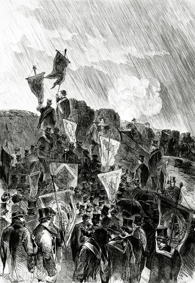 28 अप्रैल, 1870 को फ्रीमेसन द्वारा किलेबंदी पर पसिफ़िस्ट प्रदर्शन, पेरिस के बमबारी को रोकने के लिए, ले मोंडे इलस्ट्रेज़ से, 5 मई, 1870 द्वारा फ्रेंच स्कूल