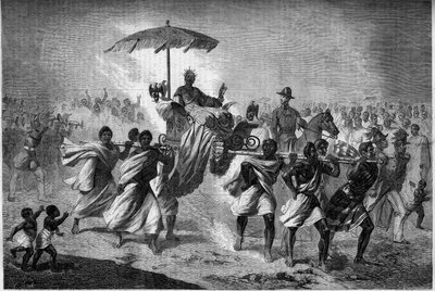 मेडागास्कर की रानी राबौडे (रासोहेरिना) की पालकी वॉक (1818-1868), रादामा द्वितीय की पत्नी। 31 जनवरी के "" ले मोंडे इलस्ट्र्रे "" एन ° 303 में उत्कीर्णन द्वारा फ्रेंच स्कूल