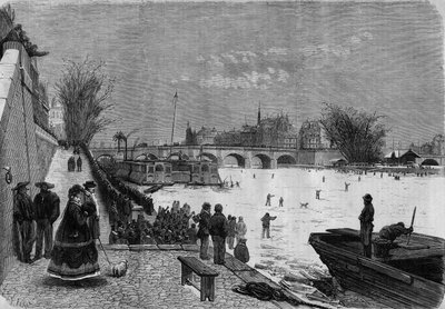 पेरिस, सर्दी 1868: जमे हुए सीन। पोंट नेफ से नदी का दृश्य। 11 जनवरी, 1868 के "" ले मोंडे इलस्ट्रे "" एन ° 561 में उत्कीर्णन। द्वारा फ्रेंच स्कूल