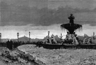 बर्फ के नीचे पेरिस, सर्दी 1879-1880: ठंढ के दौरान प्लेस डे ला कॉनकॉर्ड के फव्वारे में से एक का दृश्य। स्कॉट द्वारा "" द इलस्ट्रस वर्ल्ड" में उत्कीर्णन n°1188 जनवरी 3 द्वारा फ्रेंच स्कूल