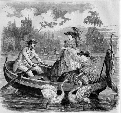 पेरिसियन मोड, ग्रीष्म 1857: एक झील पर नाव की सवारी। 26 सितंबर 1857 के "" ले मोंडे इलस्ट्र्रे"" एन ° 24 में उत्कीर्णन। द्वारा फ्रेंच स्कूल