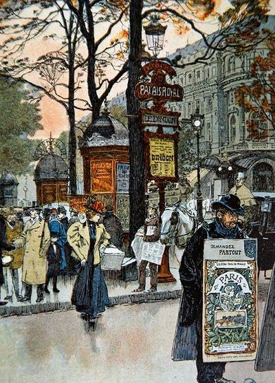 पैलेस-रॉयल मेट्रो स्टेशन के पास पेरिस का सड़क दृश्य, c.1900 (कलर लिथो) द्वारा फ्रेंच स्कूल