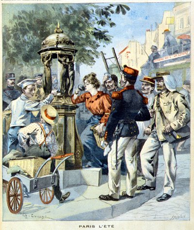 19/08/1900 के "ले पेटिट जर्नल" में एक वालेस फव्वारे के आसपास शराब पीते हुए पेरिसवासी (उत्कीर्णन) द्वारा फ्रेंच स्कूल
