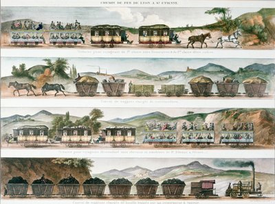 पहले फ्रांसीसी लाइन पर यात्री और मालवाहक ल्यों और सेंट एटिने, 1829 (रंग लिथो) के बीच खोले गए द्वारा फ्रेंच स्कूल